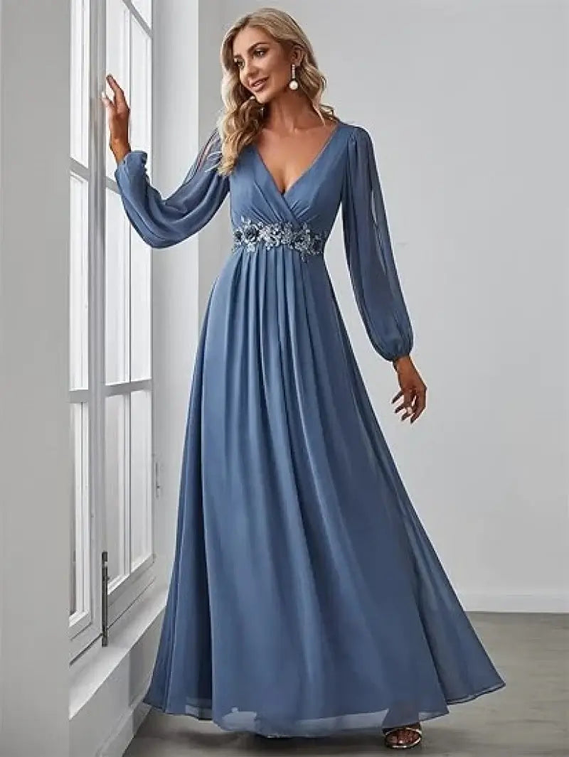 Women Elegant Evening Dress Long Sleeve A-Line Maxi