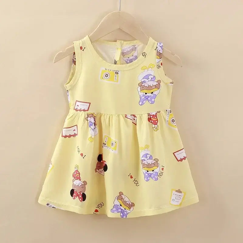 Cute yellow summer dress for girls with playful cartoon prints, knee-length and sleeveless design.