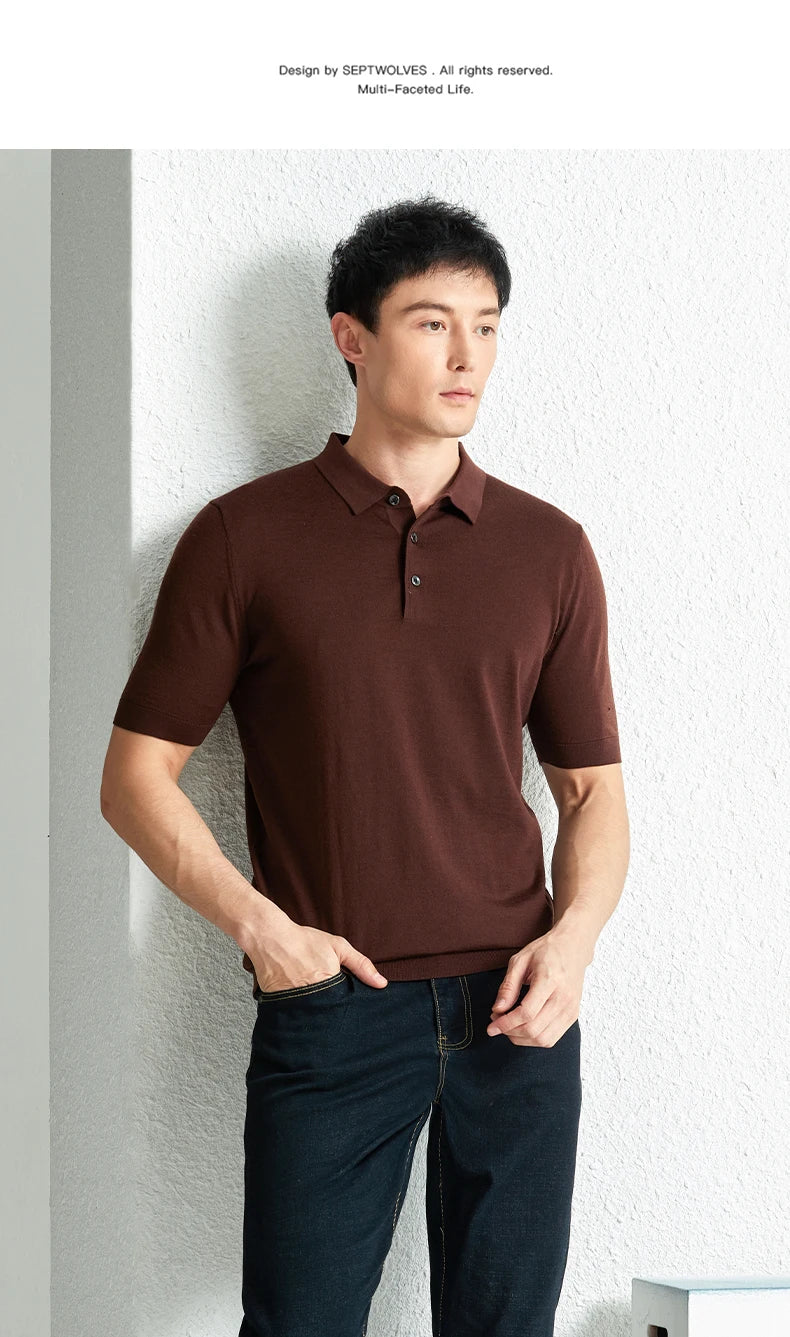 Men Short Sleeve Wool Polo Knit
