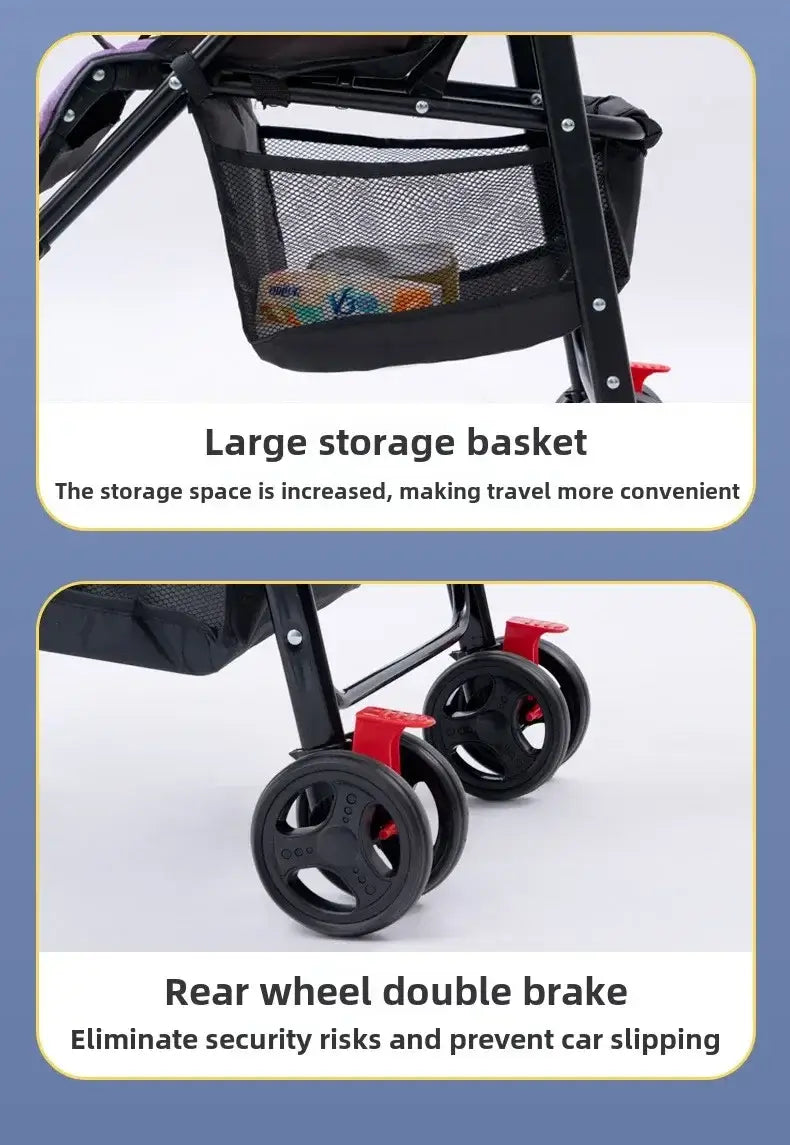 Baby stroller features large storage basket and rear wheel double brake for safety and convenience.