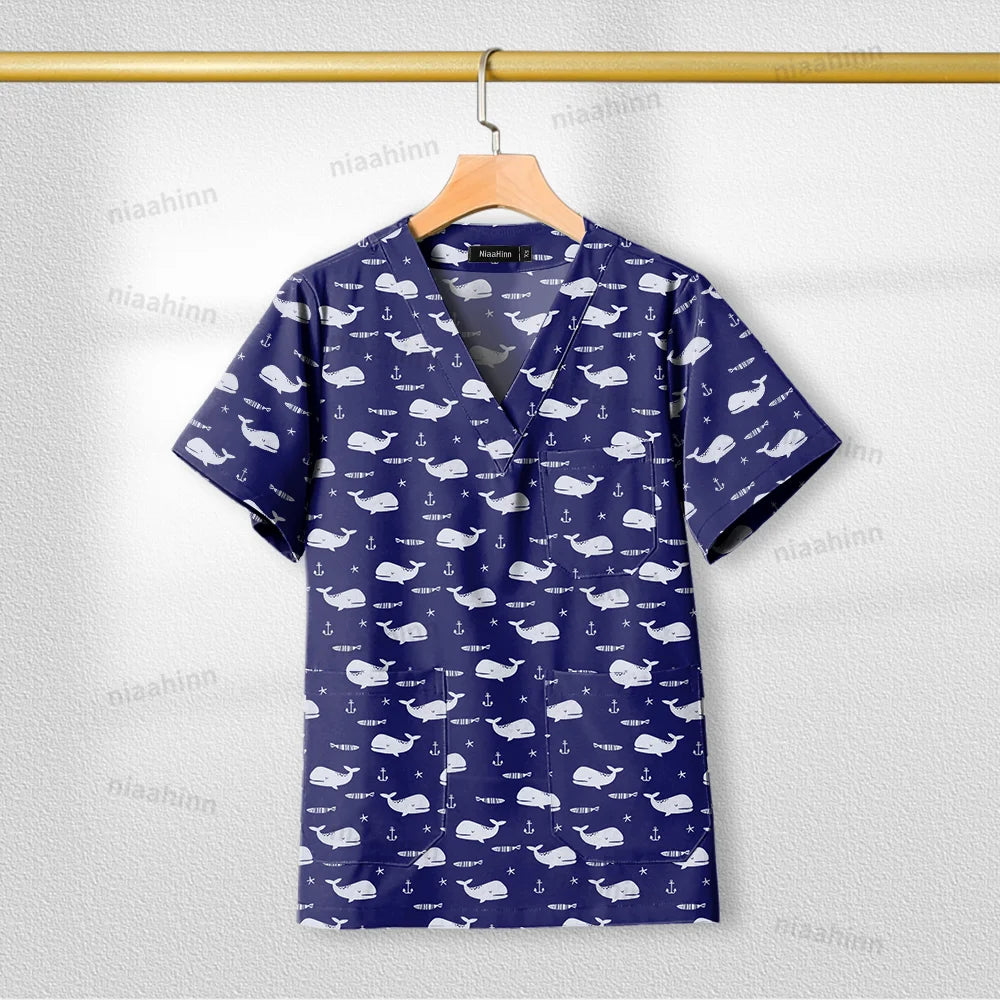 Printed nursing scrub tops for women, short sleeve, v-neck, featuring a whale pattern, breathable cotton fabric.