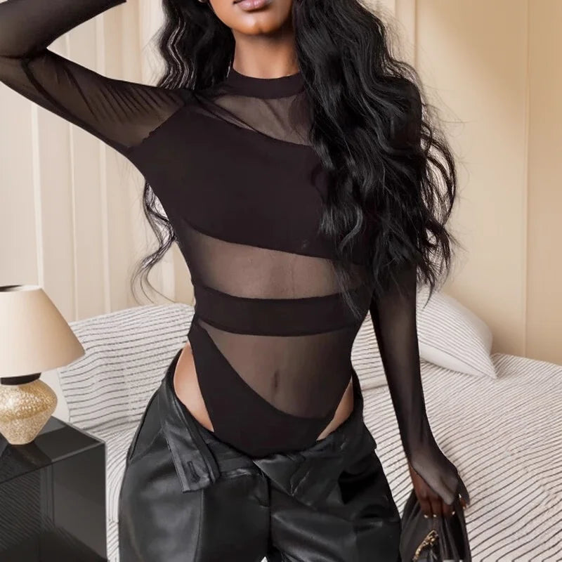 Women Hollow Mesh Club Bodysuit