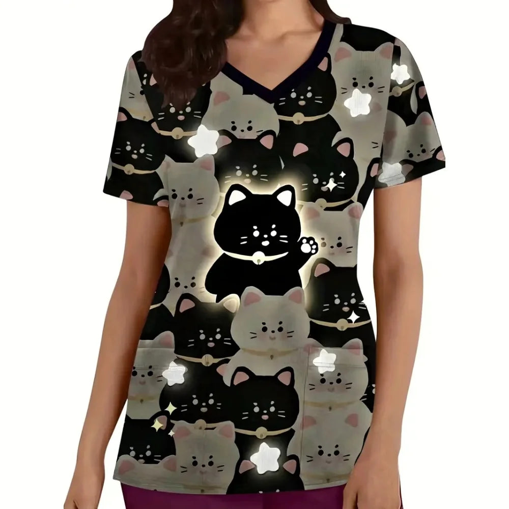 Short sleeve cartoon cat print vet scrubs for women featuring a colorful cat pattern, perfect for nurse uniforms.