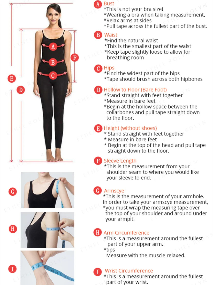 Measurement guide for accurate sizing, showing body measurements for bust, waist, hips, and arm circumference.