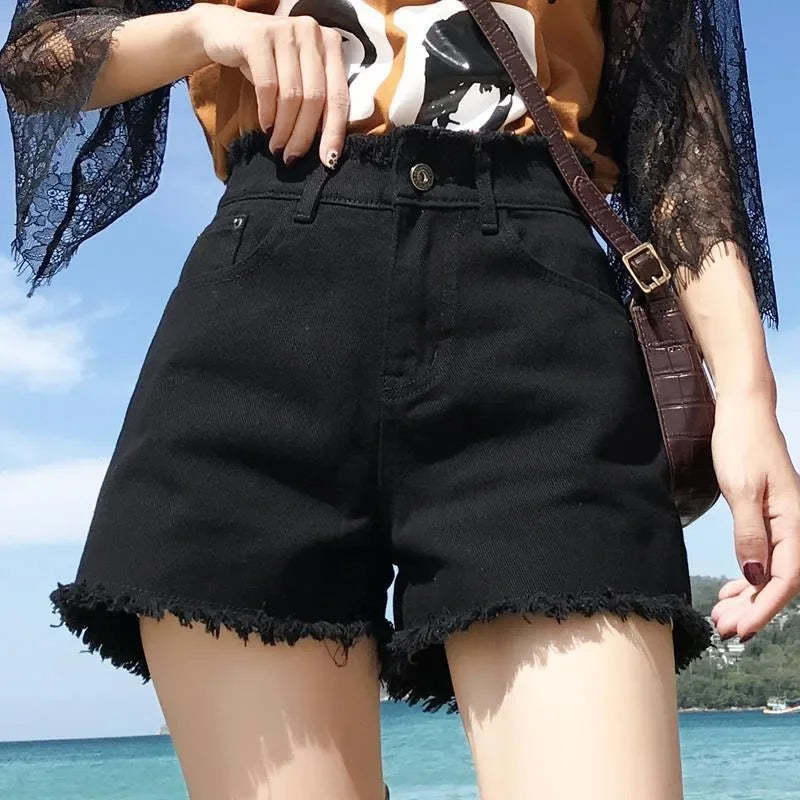 High Waist Black Tassel Denim Shorts for Women