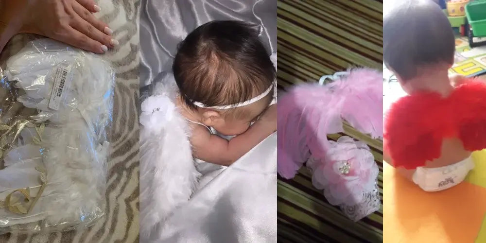 Cute newborn angel feather wings for baby girls in pink and white, showcasing various angles and styles for photo props.