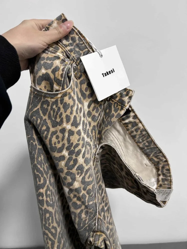 Leopard Print Retro Baggy Denim Pants