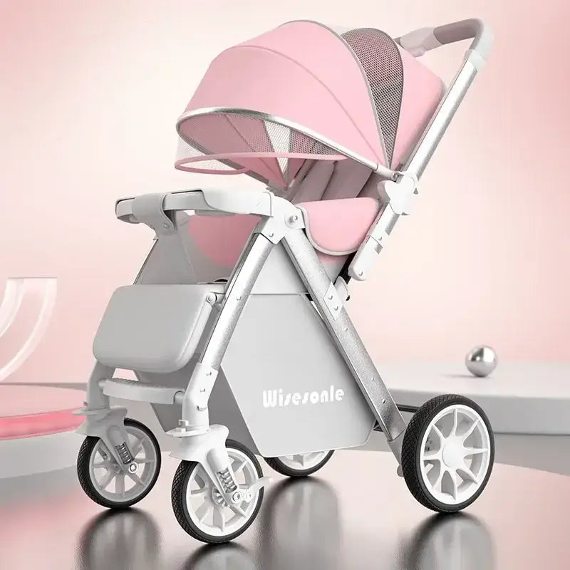 Lightweight high landscape baby stroller in pink and white with PU foam wheels.