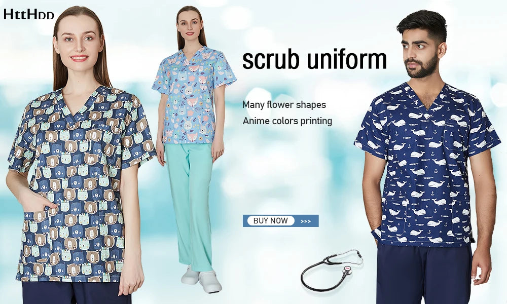 Women's colorful nurse scrubs featuring flower shapes and anime prints, ideal for medical professionals.