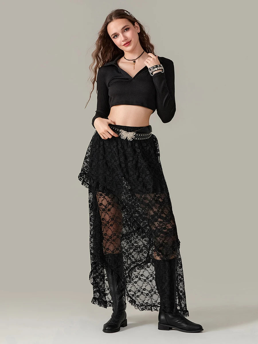Women Navy Lace Maxi Skirt