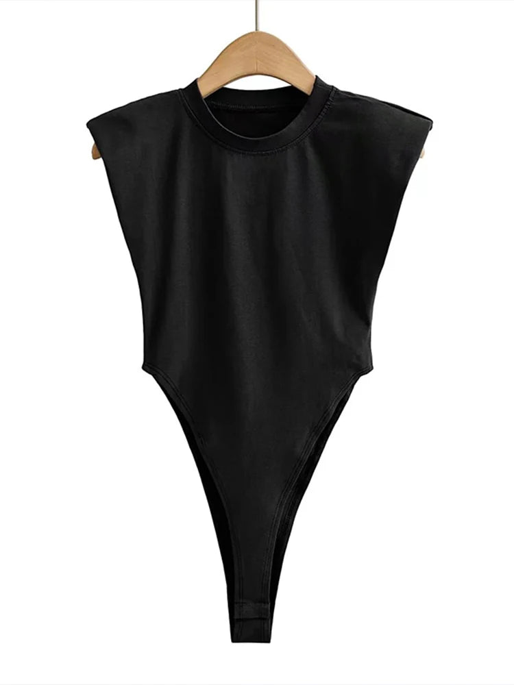 Women's Sleeveless Padded Shoulder Bodysuit – Summer Bodycon One-Piece