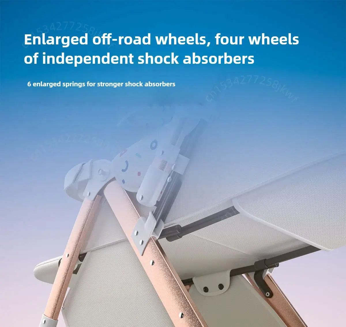 Enlarged off-road wheels with independent shock absorbers for enhanced stability in a lightweight baby stroller.