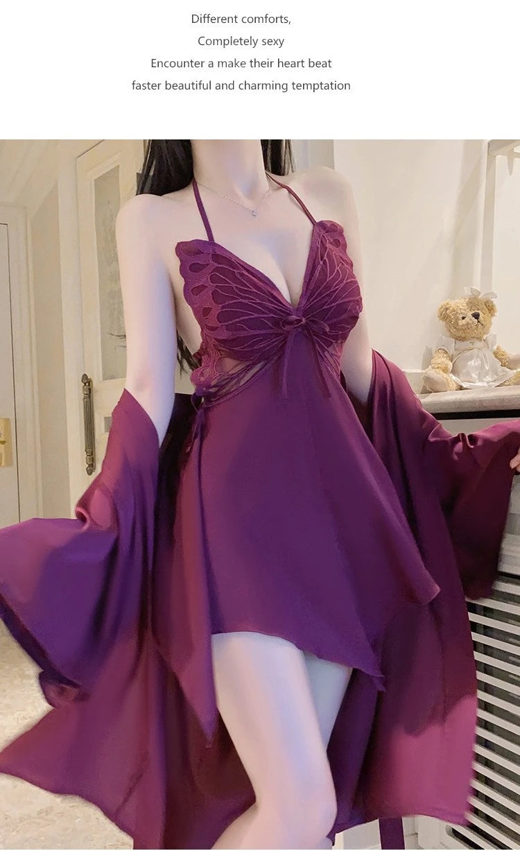 طقم نوم نسائي مع روب فيونكة