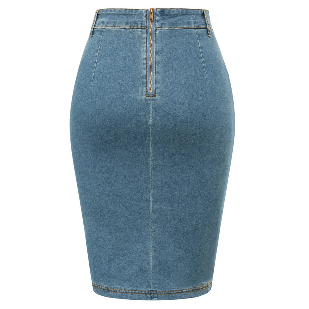 BuckleCurve™ – Ruched Belt Bodycon Skirt (High Waist Retro Denim)