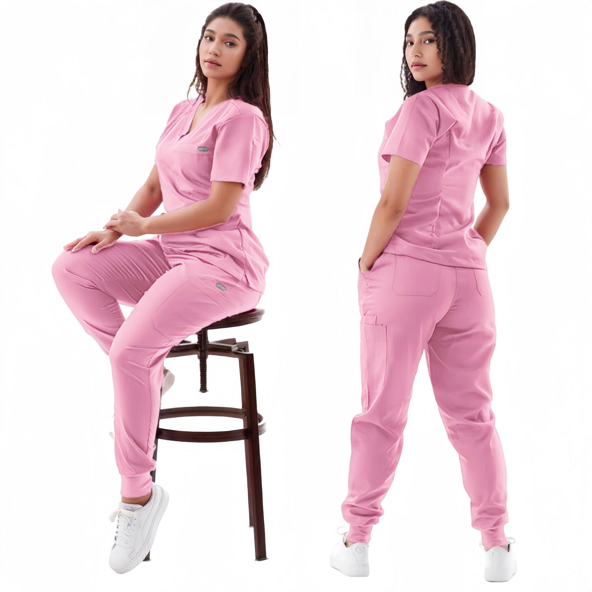Women in pink breathable medical scrub sets, showcasing elastic short sleeve workwear from the front and back.