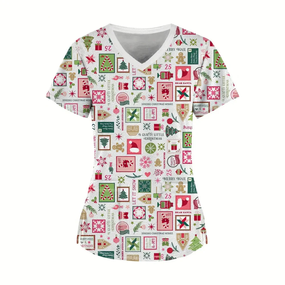 Women's Christmas cartoon nurse scrubs with festive prints, V-neck design, perfect for medical professionals during the holiday season.