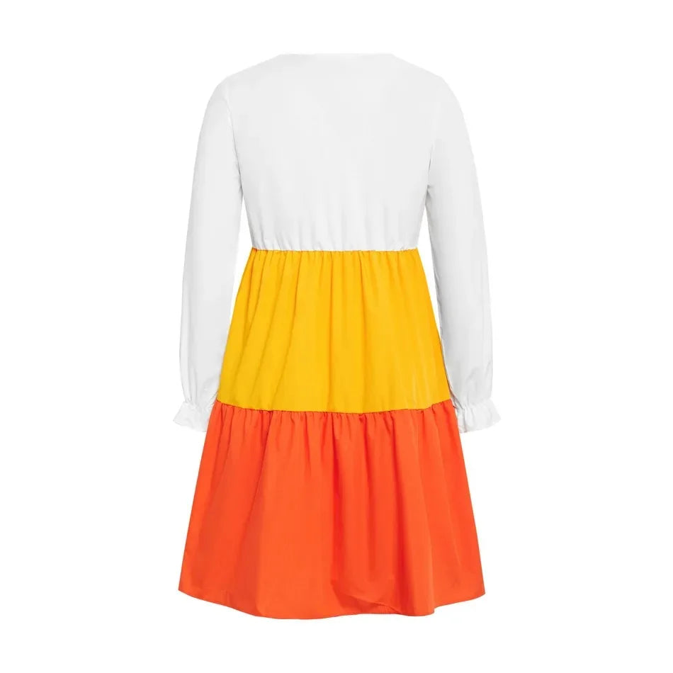 Back view of a V-Neck Color Contrast Maternity Dress featuring white, yellow, and orange tiers.