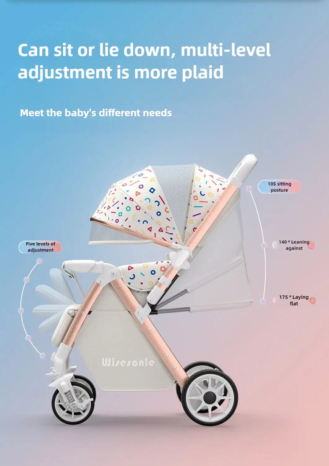 Lightweight baby stroller with multi-level adjustments for sitting and lying down, showcasing various posture options.