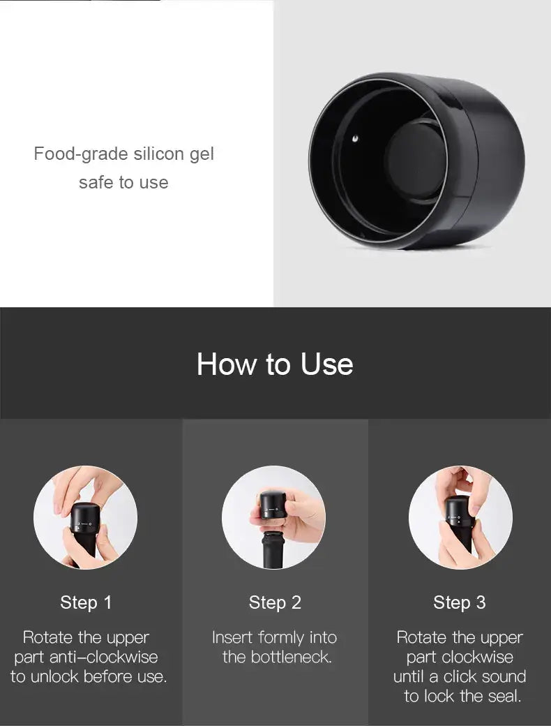 Illustration showing a silicone wine bottle cap stopper, highlighting food-grade material and usage steps.