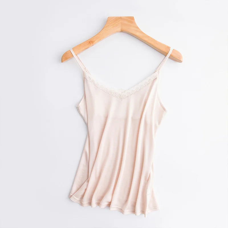 LuxeLace™ silk camisole tank top in soft pink with lace trim, sleeveless design, and comfortable fit.