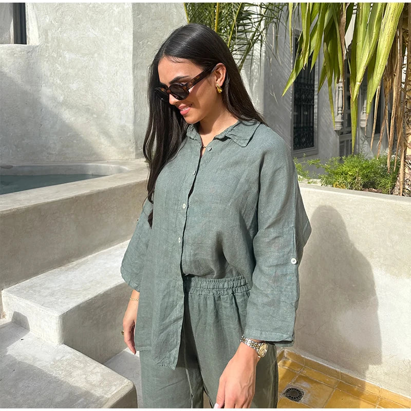 طقم بنطال نسائي من القطن بقصة واسعة