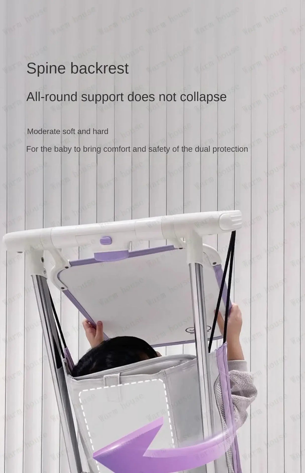 Child resting in a stroller with a spine backrest providing all-round support and comfort.