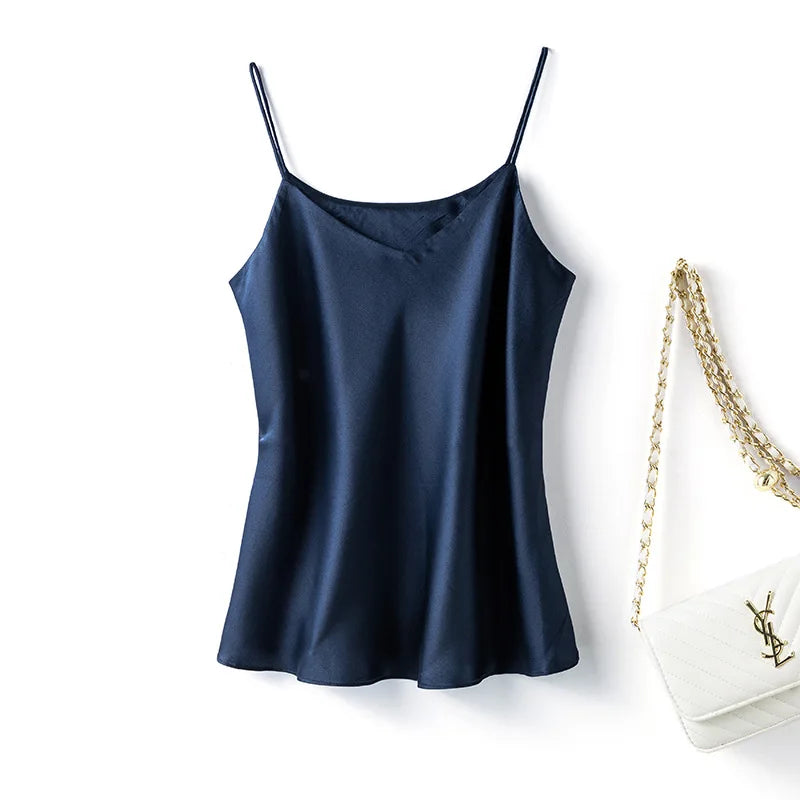 BandeauSilk™ Double-Layer Mulberry Silk Camisole in navy blue, showcasing a sexy V-neck, perfect for summer.