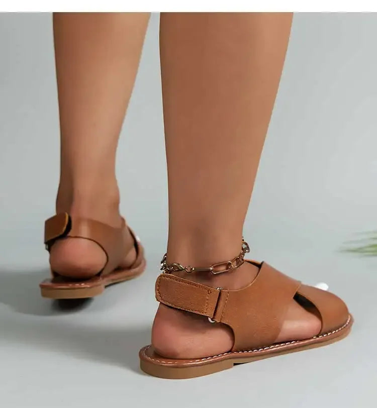 صنادل نسائية مسطحة من الجلد الناعم للصيف