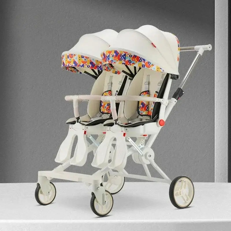 Compact twin stroller designed for children aged 6 months to 3 years, featuring recycled fabric and high-carbon steel frame.