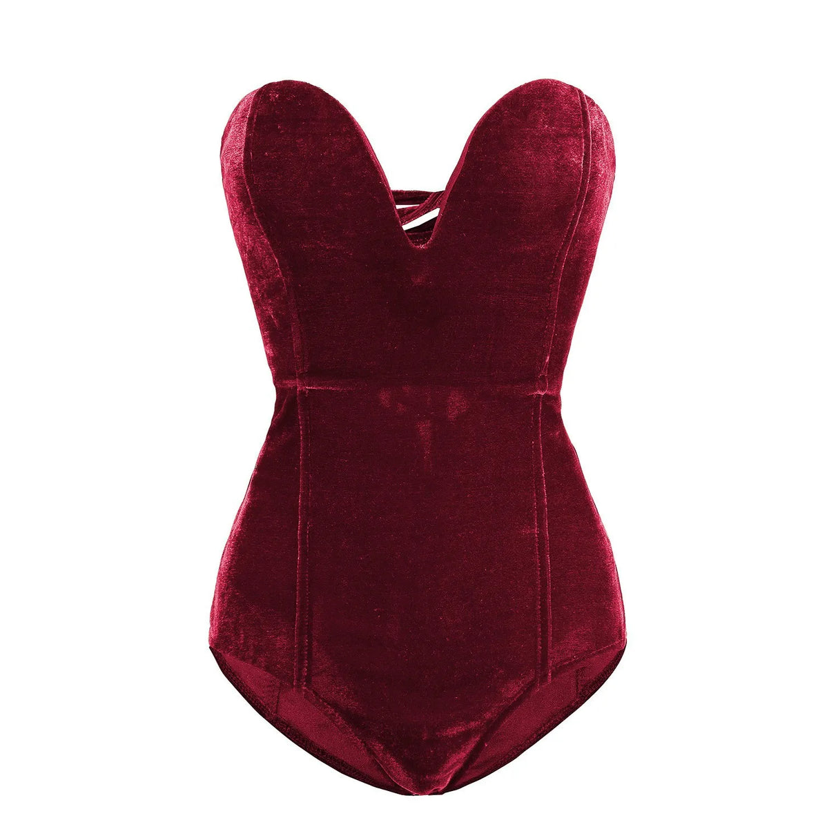 Burgundy velvet strapless lace-up bodysuit for women's nightwear, featuring medium stretch and a slim fit.