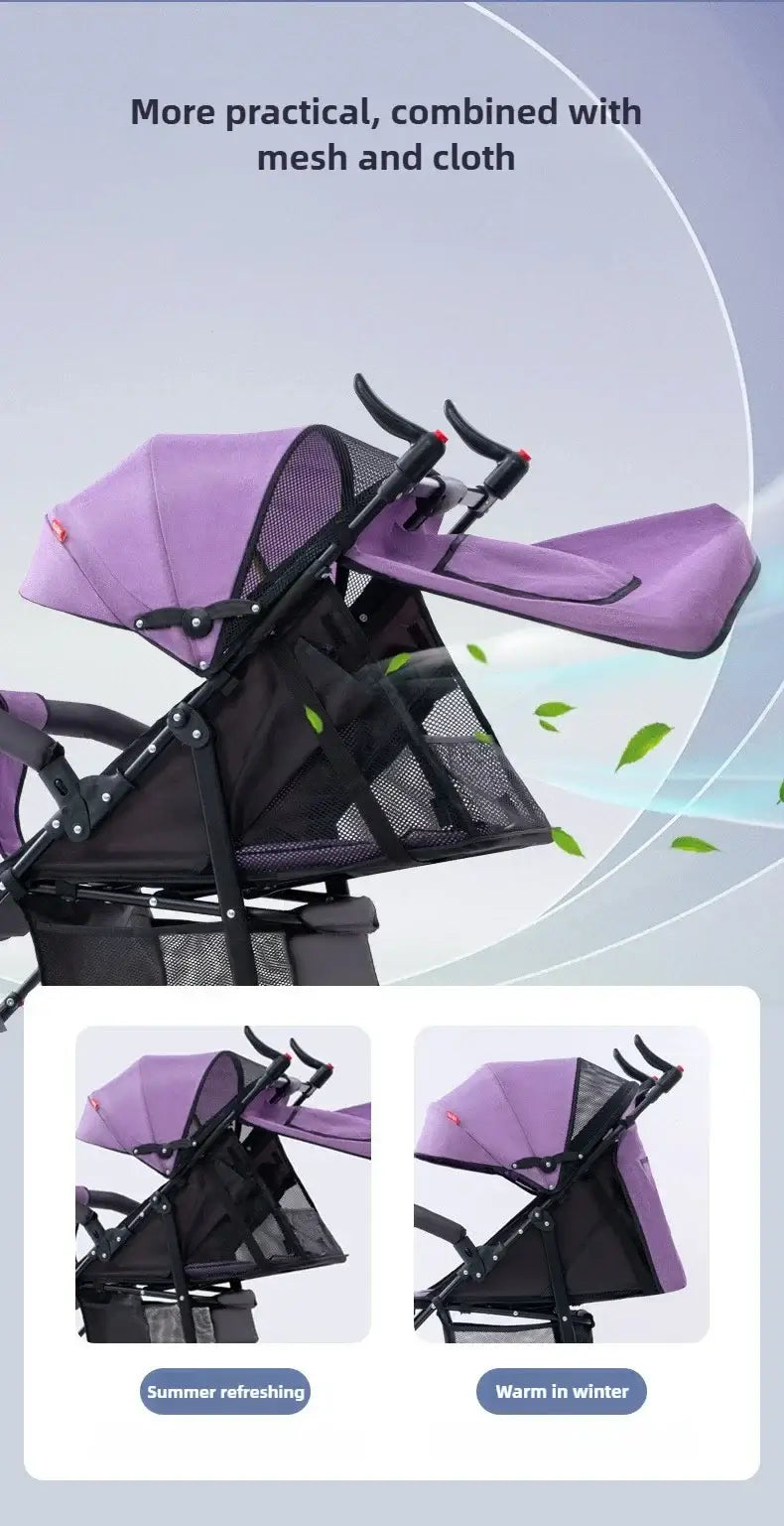 Purple baby stroller showcasing mesh and cloth, ideal for summer and winter use, practical design for comfortable seating.