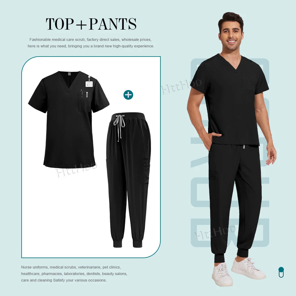 Unisex black nurse surgical scrub suit jogger set, featuring breathable fabric and pockets for practicality in medical settings.