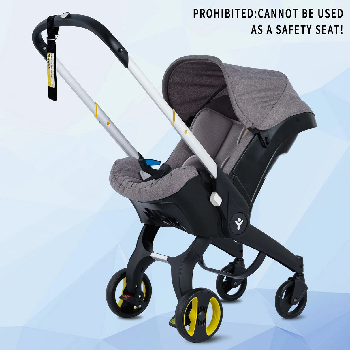 Foldable baby stroller with safety label, suitable for ages 0-2 years, lightweight design and 10kg load capacity.