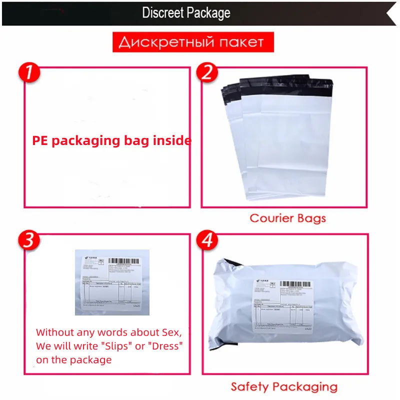 Discreet packaging instructions featuring PE bags, courier bags, and safety packaging information.