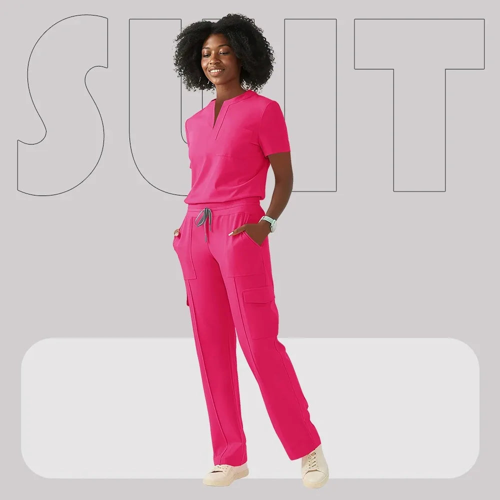 Women’s pink hospital scrub suit for healthcare workers and veterinarians, featuring pockets and a stylish design.