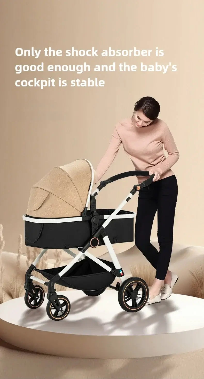 Lightweight baby stroller with a stable cockpit, showcased by a woman, designed for infants and toddlers.