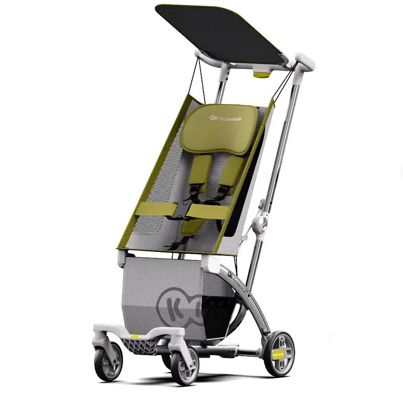 Lightweight foldable outdoor children's stroller with safety straps and sunshade.