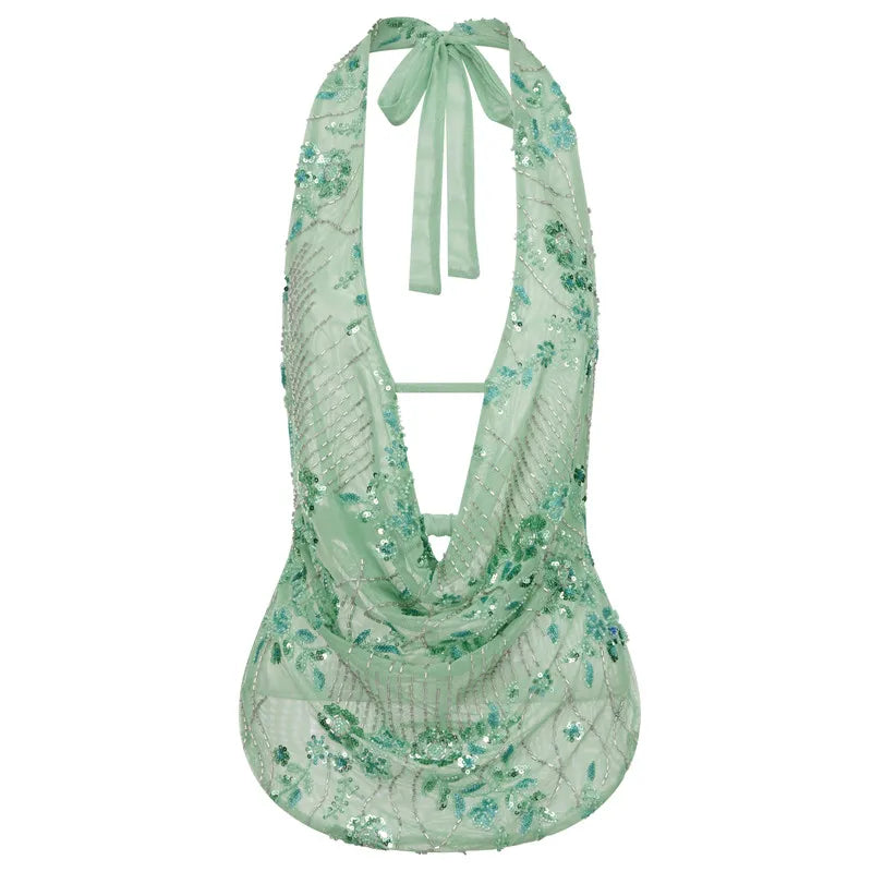 بلوزة نسائية بدون أكمام ذات ترتر عميق على شكل حرف V