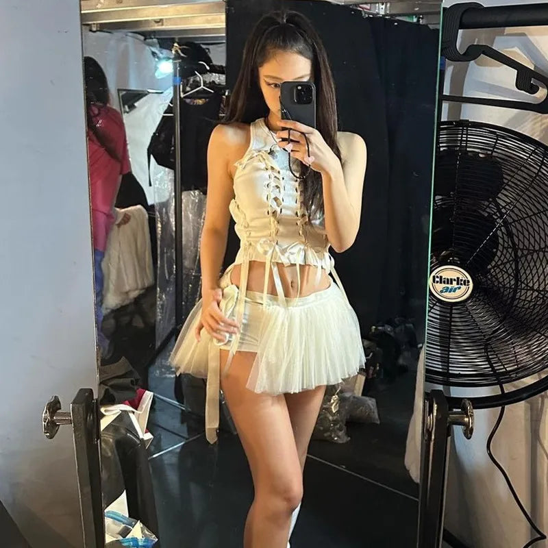 Aesthetic Bow Bandage Ribbed Crop Top