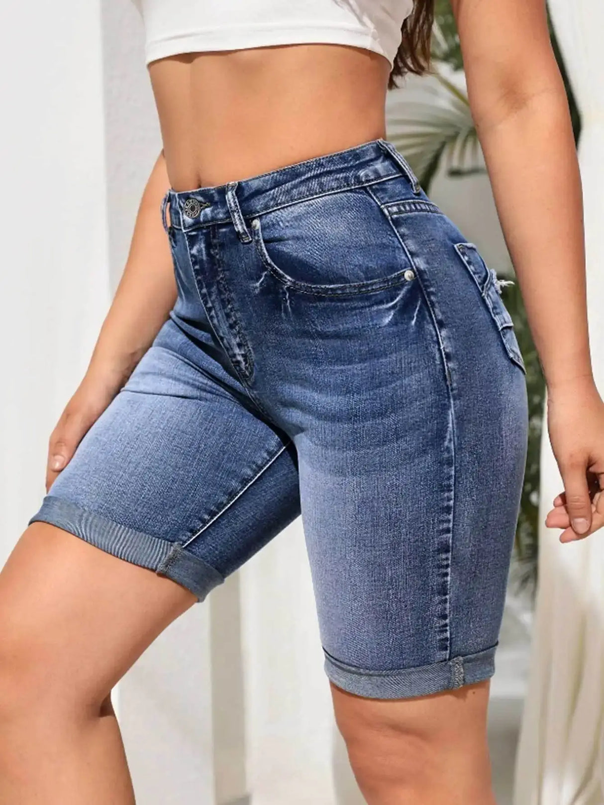 Women High Waist Knee Length Denim Shorts