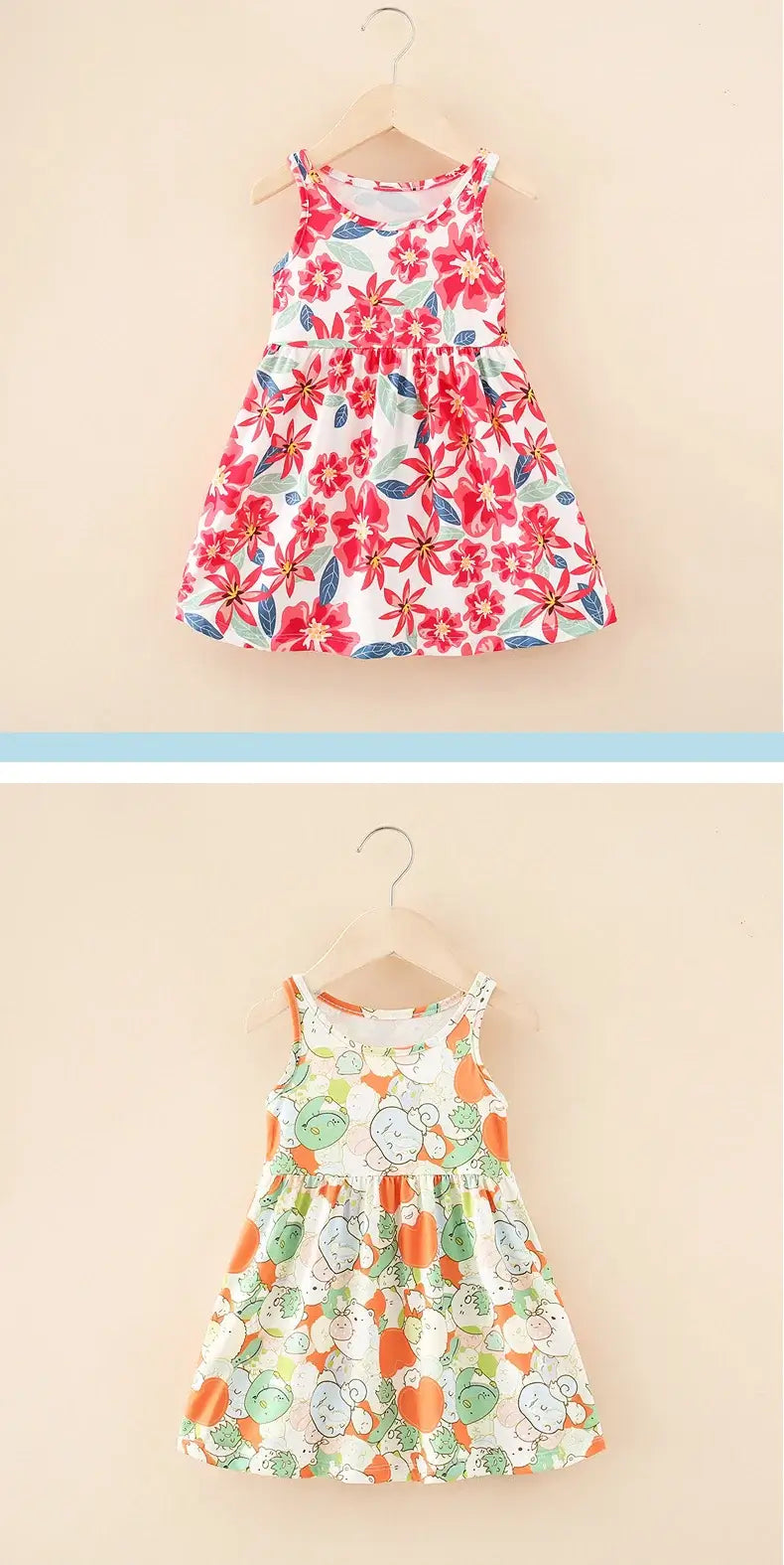 Two cute summer dresses for girls: one with red floral print and the other with colorful fruit pattern, knee-length style.