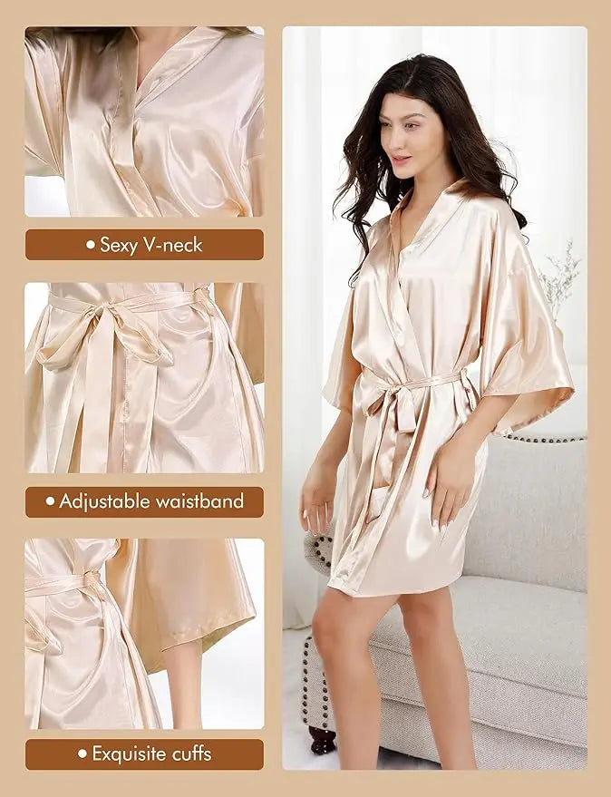 7-Piece satin bride robe set showcasing a model in a stylish gown with a sexy V-neck and adjustable waistband.