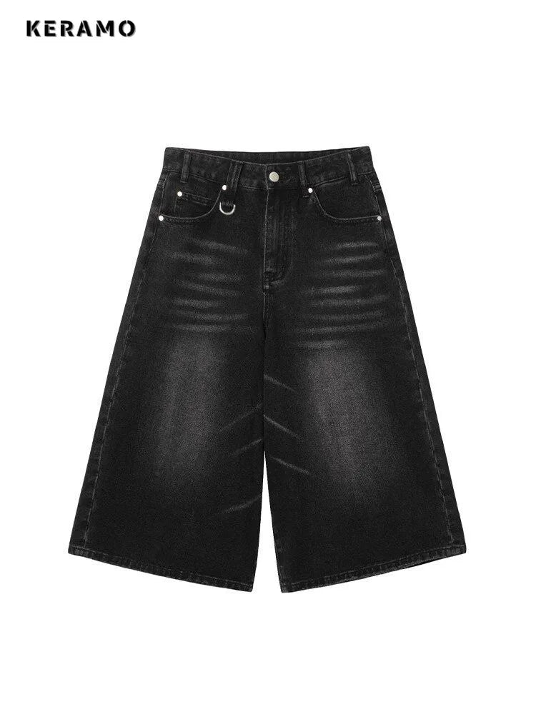 FadeMid™ – Black Retro Loose Shorts (High Waist, Y2K Mid-Length)