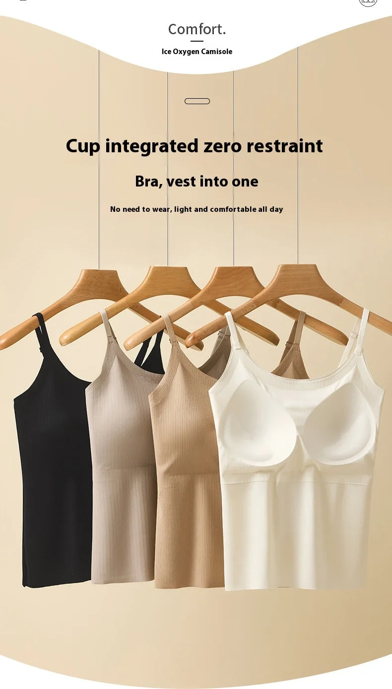 BraChic™ Ice Silk cami with built-in bra displayed in black, beige, and white colors for women's comfort and support.
