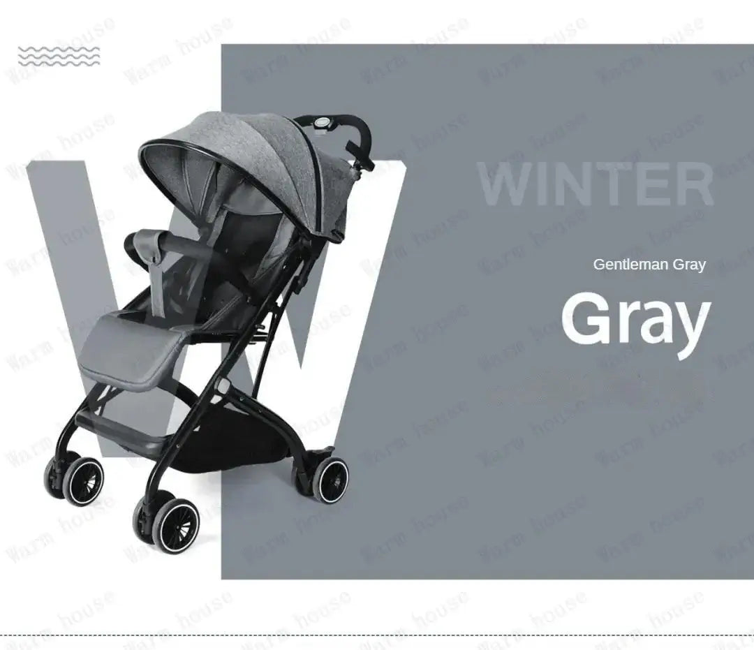 Gray portable foldable baby stroller for infants with high landscape design, suitable for ages 0-3 years.