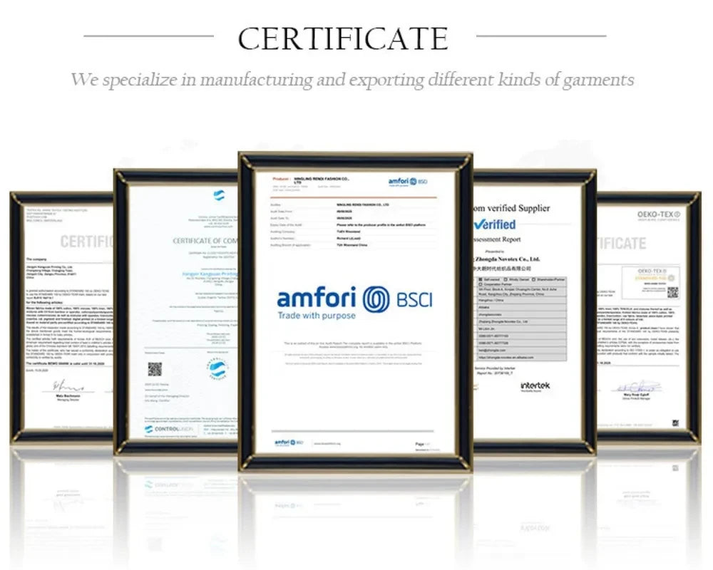 Certificates showcasing garment manufacturing and exporting expertise, including BSCI verified supplier status.