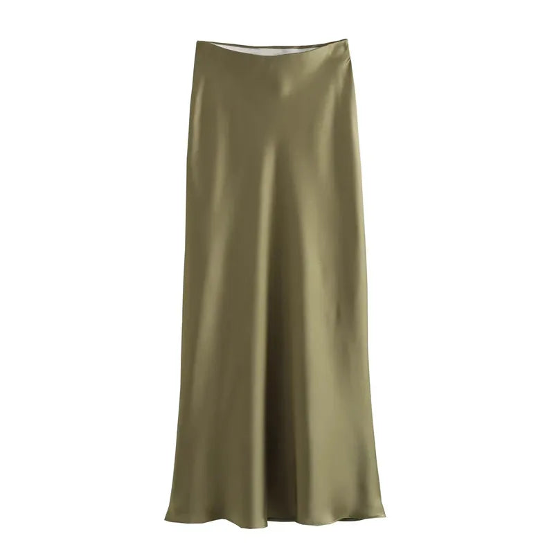 Women Satin Midi Skirt 2025
