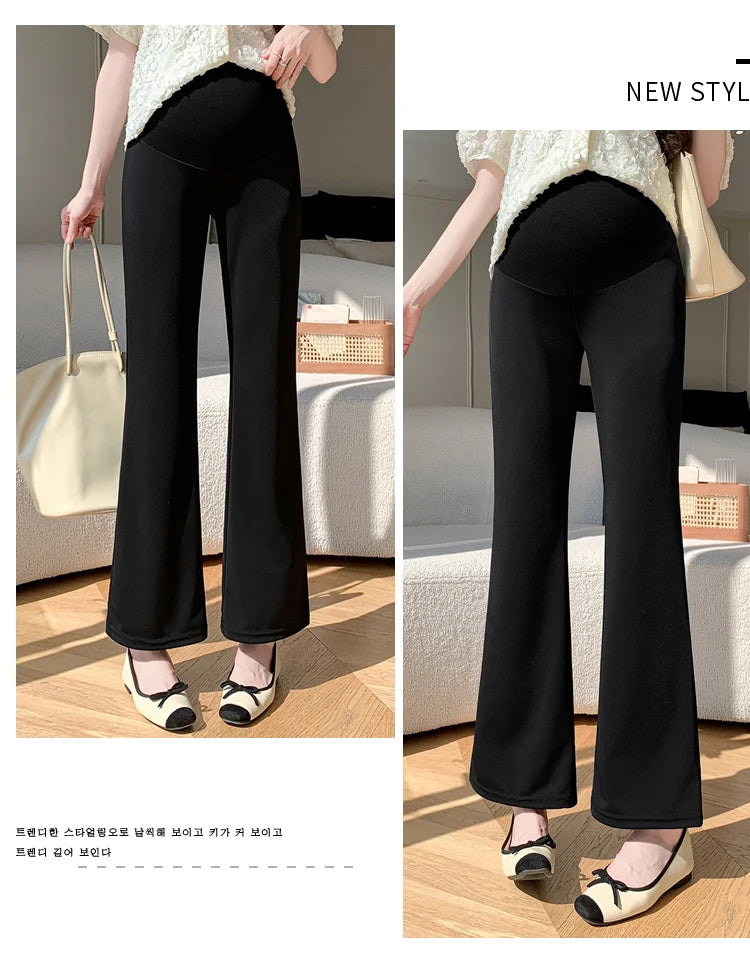 Y2K bootcut maternity pants in black ice silk, perfect for summer, featured by women in stylish outfit.