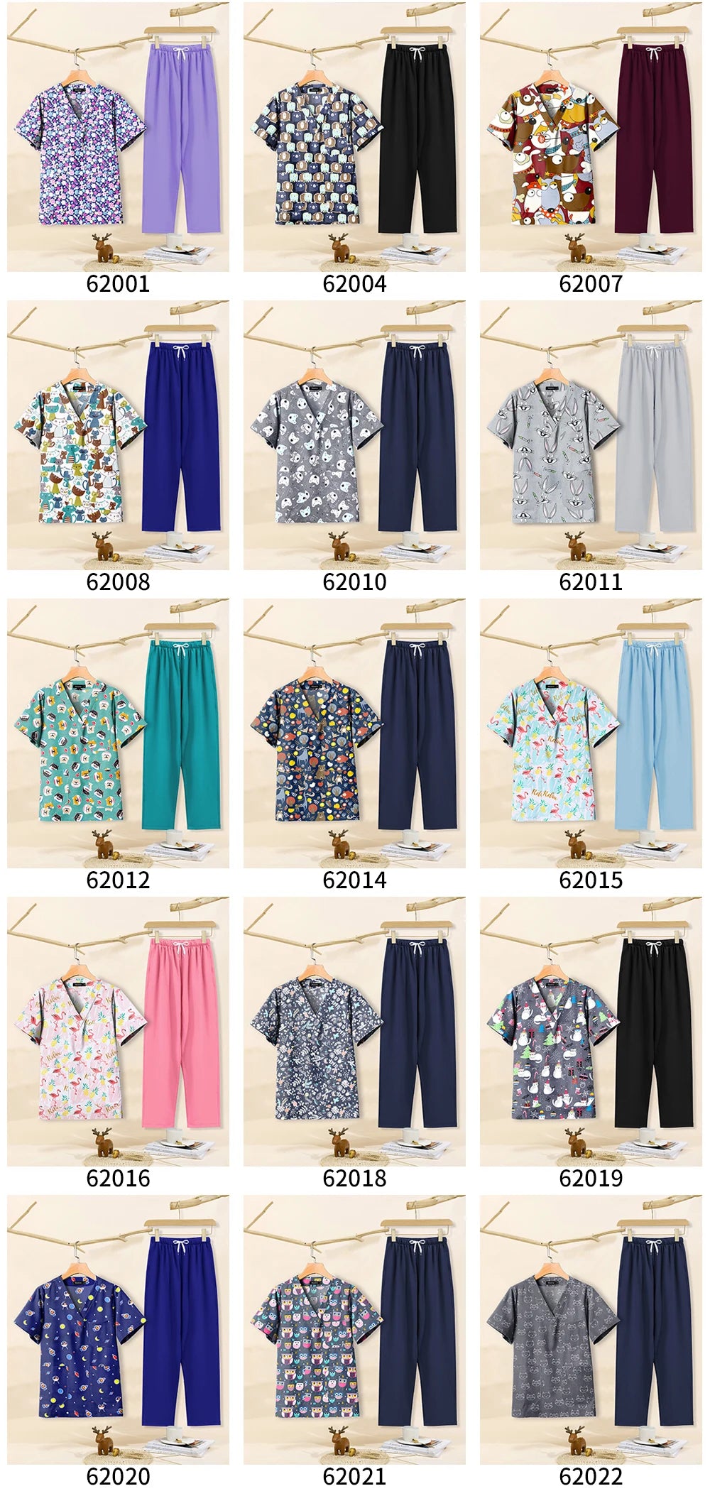 Colorful collection of cartoon print dental scrubs for women, including tops and pants for pet grooming workwear.