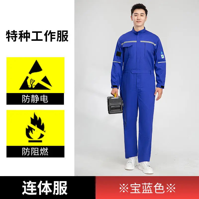 Anti-static flame-resistant welding suit in blue, featuring safety icons for electricity and flame protection.